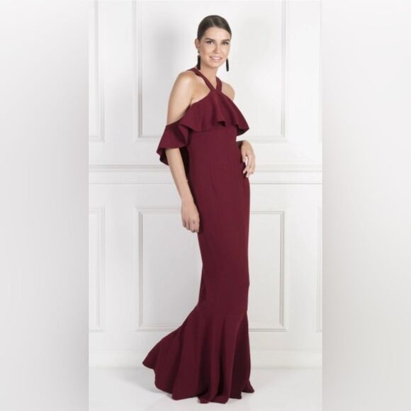 Rachel Zoe Dresses & Skirts - Rachel Zoe Baxter Cold-Shoulder Stretch-Crepe Gown Burgundy Ruffle Dress Sz 8